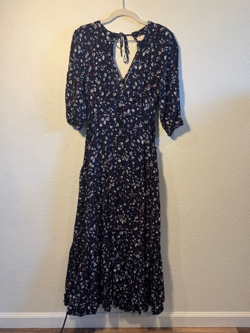Fanco Navy Floral Print Button Front Ladder Lace Inset Midi Dress Puff Sleeve S